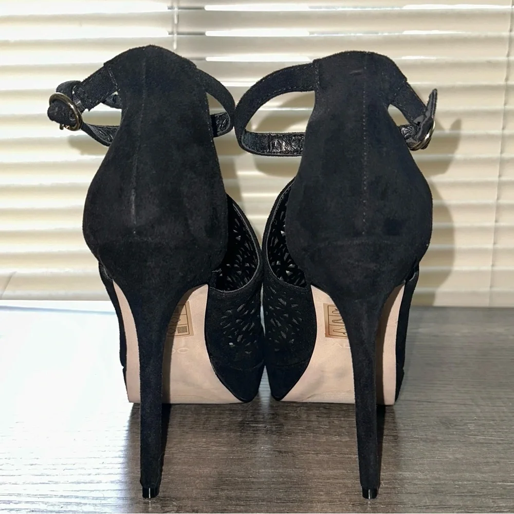 Aldo Vizzola‎ Black Perforated Faux Suede Open Toe Platform 5